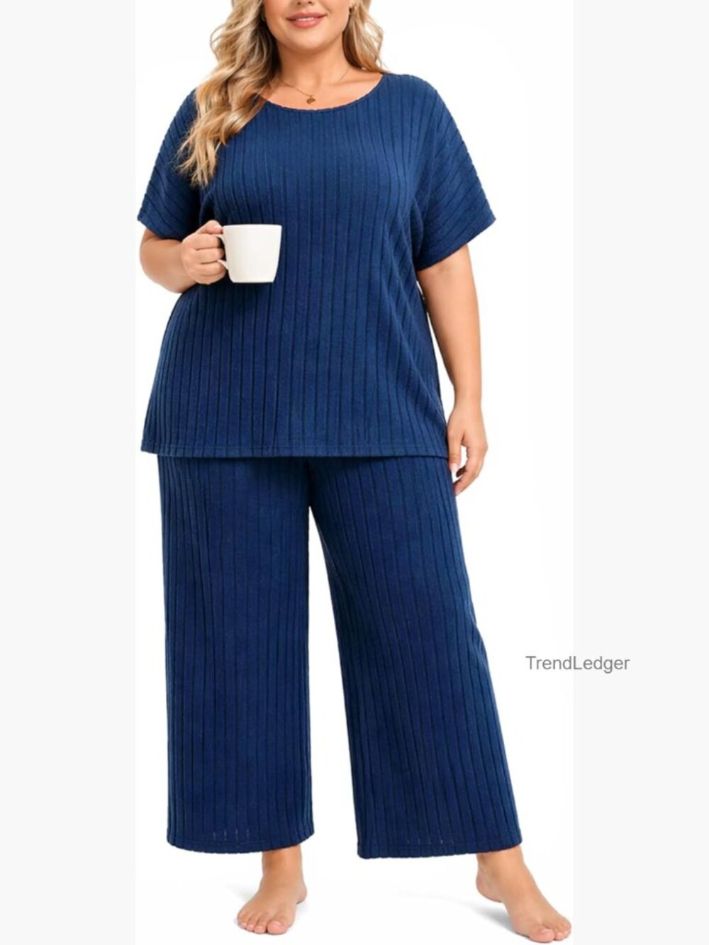 Plus Size Ribbed Lounge Set Matching Pajama Short Sleeve Wide Leg Pants Outfit